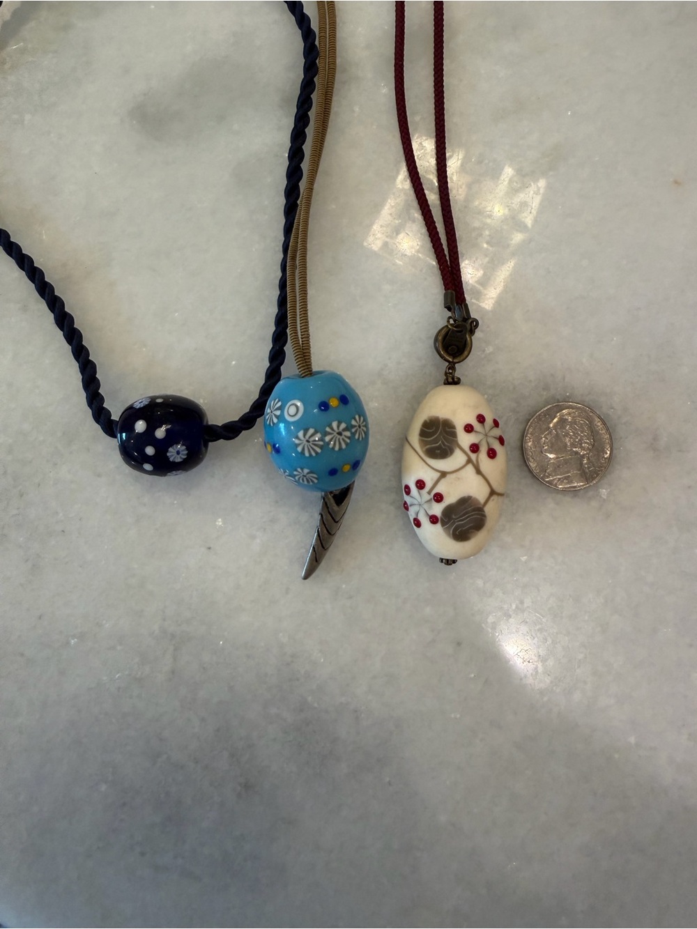 Japanese Handcrafted Floral Bead Pendant Necklaces (2) Porcelain and Glass